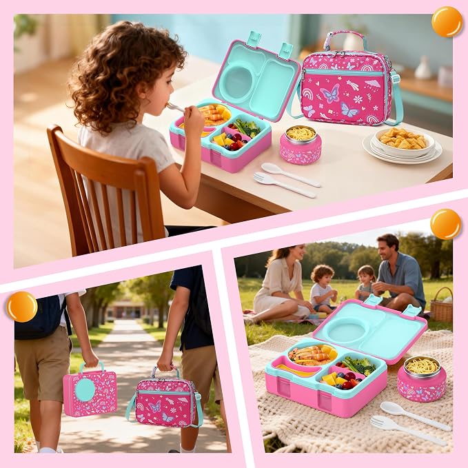 Bento Box for Kids, Leakproof Kids Lunch Box with 8.5OZ Thermo Food Jar & Lunch Bag, 3-4 Compartments Toddler Insulated Lunch Box for Girls, BPA Free Lunch Containers for School Daycare