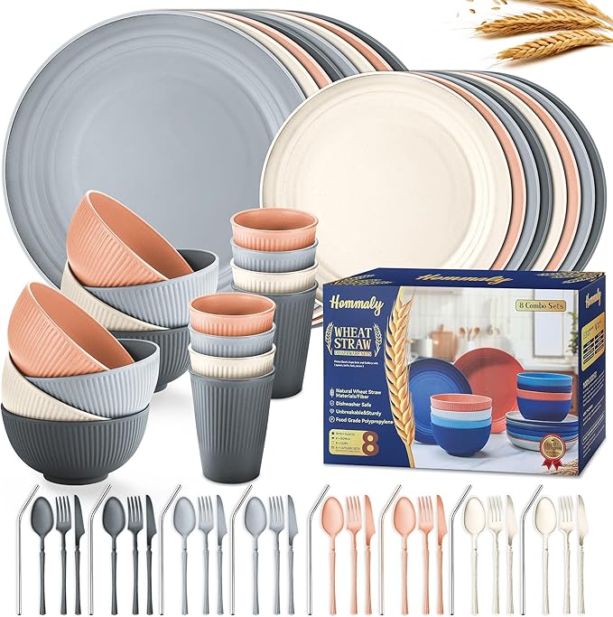 Wheat Straw Dinnerware Sets,64-Piece Plates and Bowls Sets for 8-Unbreakable,Reusable Plastic Dish Set-Dinner Plate/Dessert Plate/Cereal Bowl/Cup/Utensils-Dishwasher Safe 64P-Coral Coast