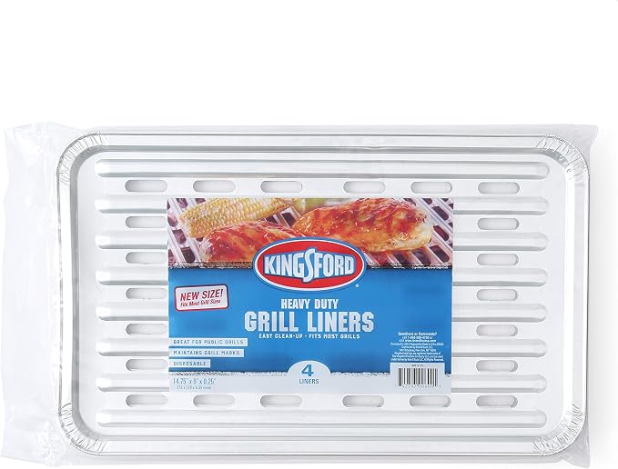 Kingsford Heavy Duty Disposable Grill Liners, 14.75 x 9 Inch, 4 Count | Aluminum foil design, prevents food and sauce from falling through grates, for outdoor BBQ grills daily