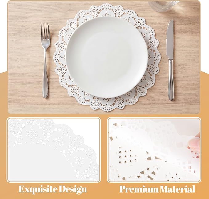 100 Pack 13.5 Inch Round White Paper Doilies, Disposable Lace Placemat | Rustic Scallop Doily Table Pads, Heavy-Duty Paper Place Mats for Cakes, Crafts, Parties, Weddings, Buffet, Home Decor