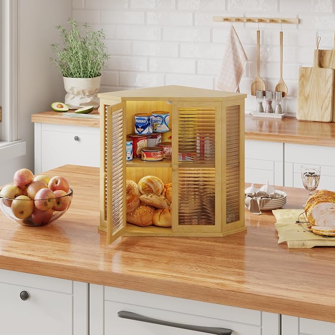 Extra Large Corner Bread Box for Kitchen Countertop, 16.5 inch Bamboo Double Layer Bread Storage with Glass Wavy Door Panel, Eco-Friendly and Stylish Design(Bamboo)