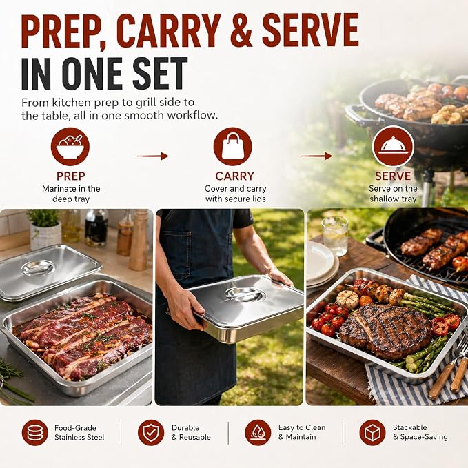 Grill Prep & Serve Tray Set with Lids 5-Piece Grill Carry System | Food Prep System for Marinating, Carrying & Serving, Stainless Steel BBQ Trays for Raw & Cooked Food Separation