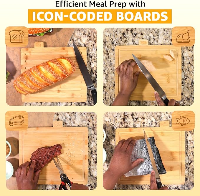 4-Piece Bamboo Cutting Board Set And Premium Scissors, Perfect Wooden Charcuterie and Chopping Boards, Ideal Juice Groove, BPA-Free, kitchen stuff, and kitchen must haves 2026.