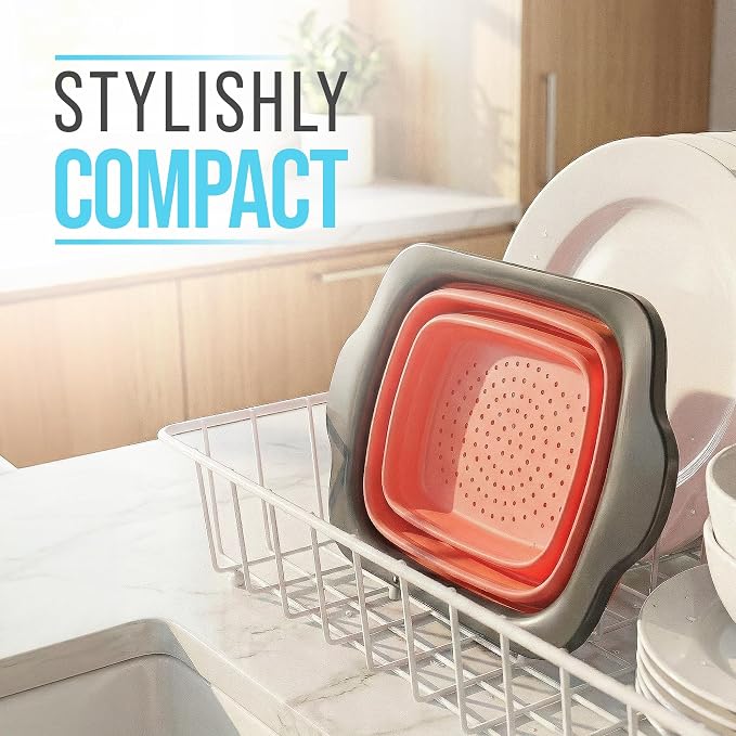 Comfify Coral XL Collapsible Silicone Over Sink Colander – 6 Quart | Coral; extends 25" to span sink; both hands free; collapses flat; 6 Qt; heat resistant 176F; pasta, veg, fruit