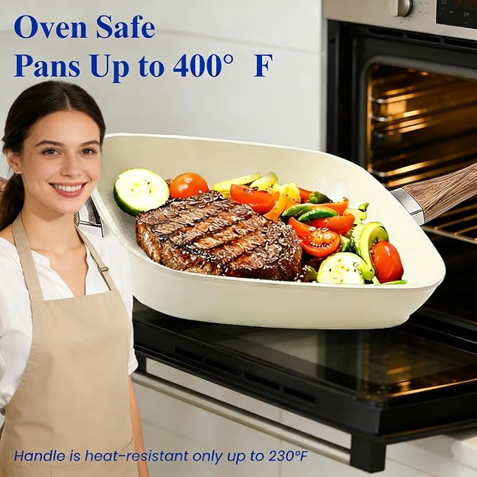 Simple Deluxe 3 Pieces Nonstick Grill Pan Set, Square Versatile Griddle Pans with Wooden Handle, Durable Skillet Indoor & Outdoor Use, All Stovetops Compatible(9.5", 10.2", 11"), PFOA Free, Beige
