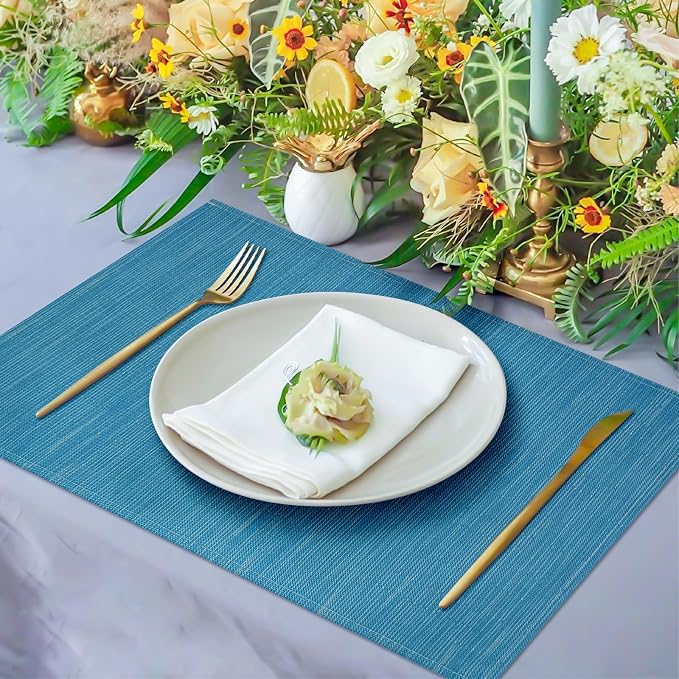 Blue Placemats Set of 6, 12x18 Inch Faux Linen Table Mats | Heat Resistant and Washable Design, Easy to Clean Surface for Dining Rooms, Kitchens, Outdoor Parties and Everyday Home Decor