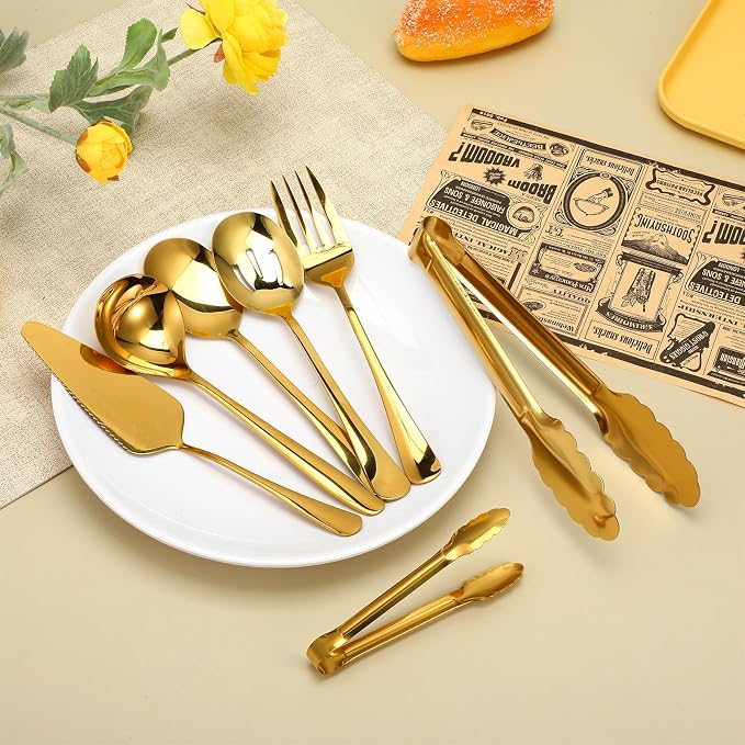 12 Pieces Gold Serving Utensils, Stainless Steel Cooking Utensils Set, Include Serving Spoons, Slotted, Spoons, Forks, 2 Sizes Tongs, Soup Ladle and Pie Cake Server for Kitchen Restaurants Buffet