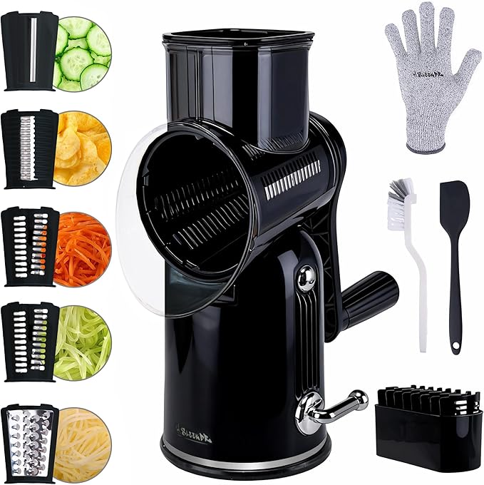 Rotary Cheese Grater with Handle, 5-Blade Cheese Shredder, BPA-Free (Black) | Cheese Grater Hand Crank Slices, Shreds & Grates – Features Strong Suction Base, Stainless-Steel Blades & Easy Clean-Up