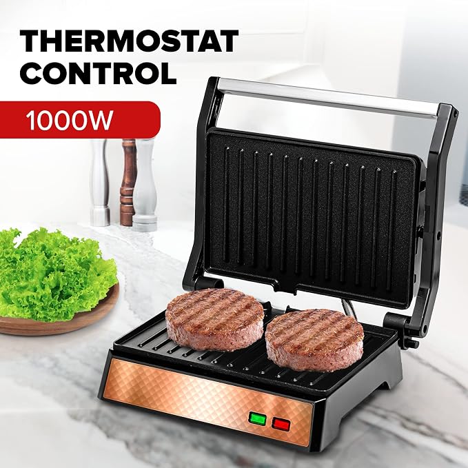 OVENTE Electric Indoor Panini Press Grill + Sandwich Maker, Copper GP0620CO | Opens 180 Degrees to Fit Any Type or Size of Food, 1000W Indoor Cooking Perfect for Quesadillas, Burgers & More