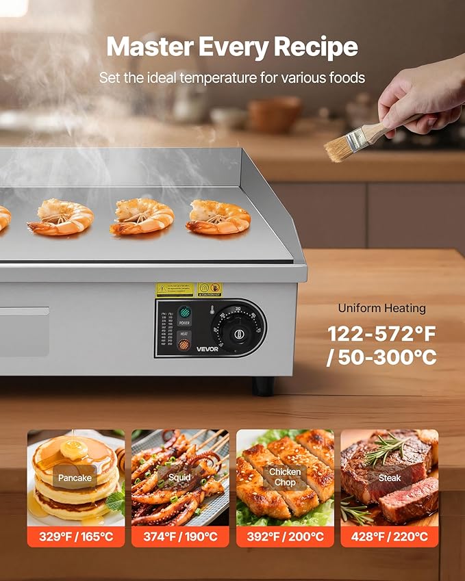 VEVOR Commercial Electric Griddle, 28.54 x 15.75 in, 4400W, 122-570°F Adjustable Temp Control, Stainless Steel Countertop Full Flat Top Grill with 2 Spatulas, 2 Brushes, for Steak, Pancake(NO PLUG)