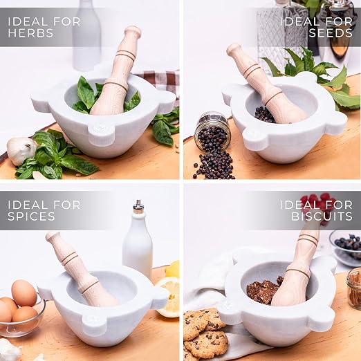 Bembo White Carrara Marble Mortar and Pestle – Genovese Model Ø 18 cm/7.1″ – Made in Italy – Import Duty Included, No Additional Import Charges