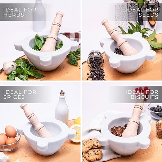 Bembo Mortar in White Carrara Marble with Pestle Made in Italy Ø 16 cm/6,3" - for Pesto or Spices - Genovese Model (ø 16 cm)