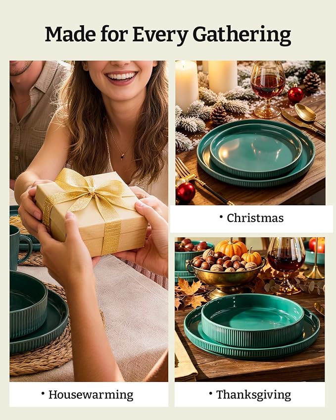 Famiware Stoneware Dishes Dinnerware Sets for 6, Ribbed Plates and Bowls | 18-Piece Ceramic Dinner Set with Lipped Edges, Chip & Scratch Resistant , Microwave & Dishwasher Safe, Daily Use, Sage Green