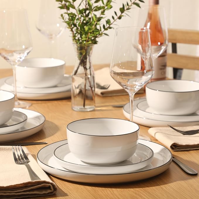 Gibson Home Oslo 12-Piece Porcelain Dinnerware Set – Dinner Plates, Salad Plates & Bowls, Classic White With Black Rim Everyday Dish Set for Home, Kitchen, Microwave & Dishwasher Safe