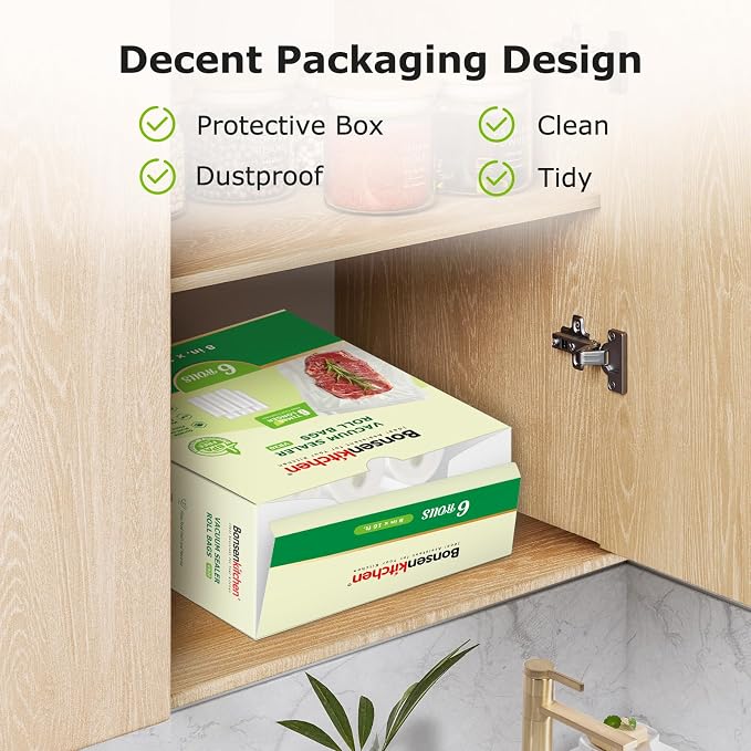 Bonsenkitchen 6 Rolls 8" x 16' Vacuum Sealer Bags for Food with a Color Box | Commercial Grade, Food Storage or Sous Vide, Puncture Resistant Heavy Duty Design, BPA Free Food Grade Safe Material, VB20
