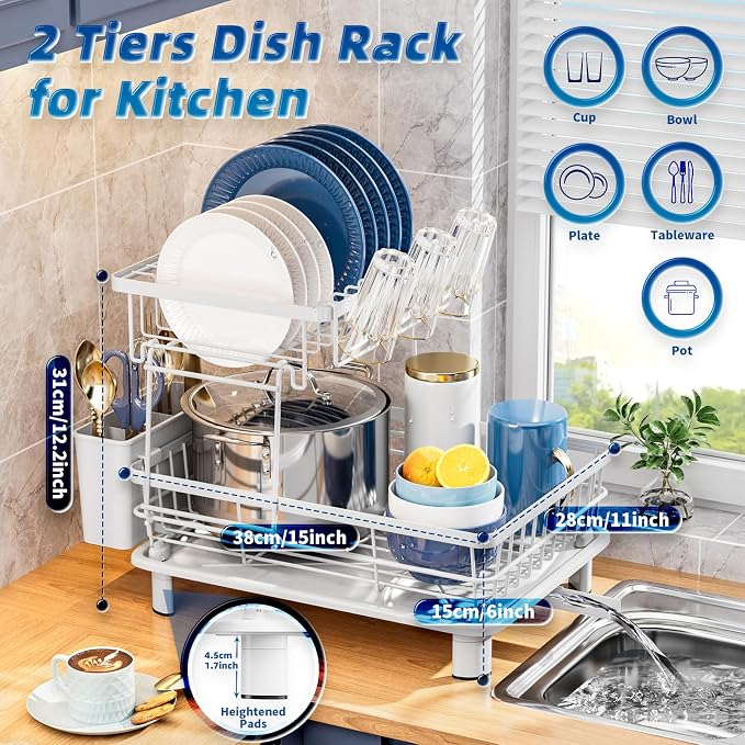 Dish Drying Rack,Stainless Steel-Dish Rack,Double Layer, | Dish Racks for Kitchen Counter, Kitchen Dish Drainers with Removable Utensil Holder,New Drain Outlet,