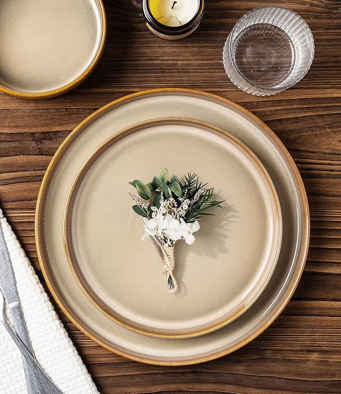 Ceramic Dinnerware Set for 4, 12-Piece Plates and Bowls Set | Lightweight Porcelain Dish Set, Scratch Resistant, Oven & Microwave & Dishwasher Safe, Creamy Amber