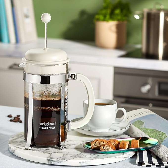Bodum French Press Caffettiera White - 1L / 8 Cup Coffee Maker - Durable Glass & Stainless Steel Filter - BPA-Free Dishwasher Safe Percolator - Cafetiere Made in Portugal