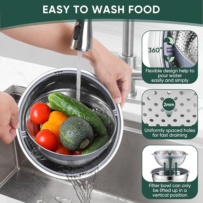 P&P CHEF Mixing Bowls with Lids, Metal Mixing Bowl with Colander, Black | 3 PCS Stainless Steel nesting bowls for Prepping, Storing, Colander for Draining, 3 Grater Attachments & Non-Slip Bottoms