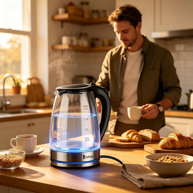 Electric Kettle 1.8l, BPA-Free Borosilicate Glass Stainless Steel Blue LED, 360° Base, Auto Shut-Off and Boil-Dry, Glass Carafe No Plastic Contact With Water, Wide Mouth for Easy Cleaning