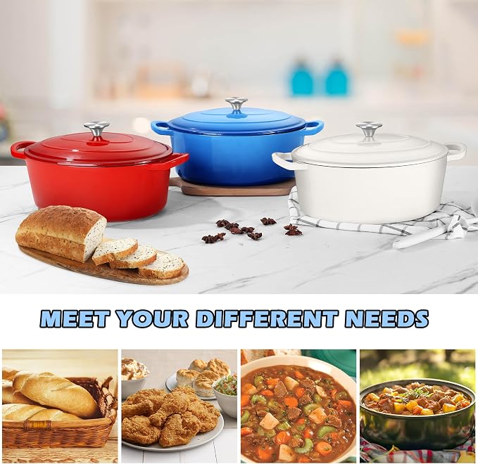 TeamFar 7QT Oval Dutch Oven, Enameled Cast Iron Dutch Oven Pot with Lid | For Bread Baking/Stewing/Braising/Frying, Suitable for Various Stoves, Non-stick & Easy Clean, Blue
