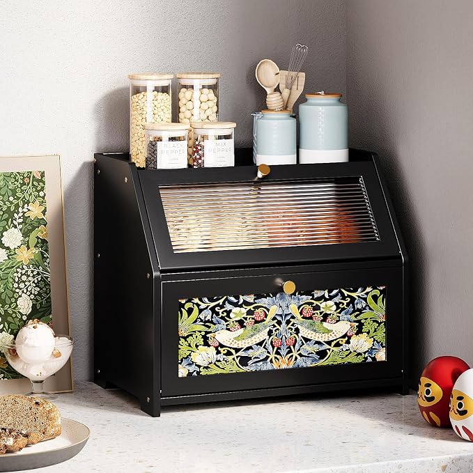 Trironsun Bamboo Bread Box for Kitchen Counter Black Bread Storage Container with Acrylic Door William Morris Flower Bird Design Farmhouse Breadbox Organizer (Black, 2 Layer)