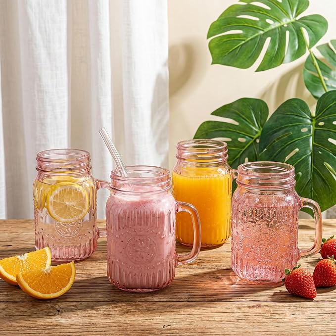 DaYammi 16 oz Mason Jars with Lids and Straws, 6 Pack Pink Vintage Drinking Glasses, Leak Proof Iced Coffee Cups for Daily Use & Party
