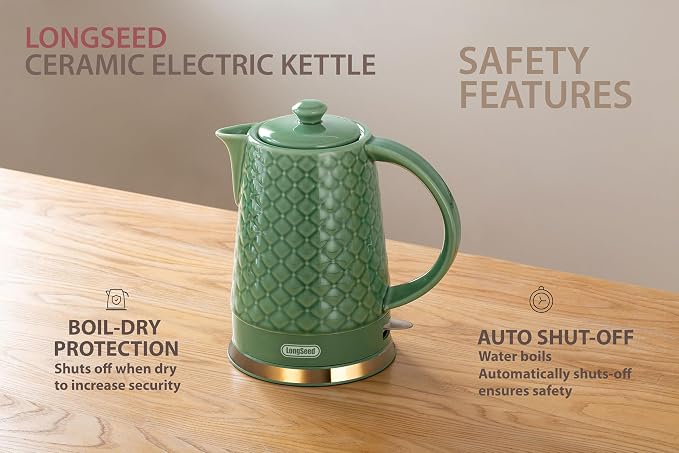 1.5L Ceramic Electric Kettle, 1200W Fast Boil Retro Tea Pot with LED Light, BPA-Free Porcelain Cordless Water Boiler, Auto Shut-Off & Boil-Dry Protection, Green Relief Carving