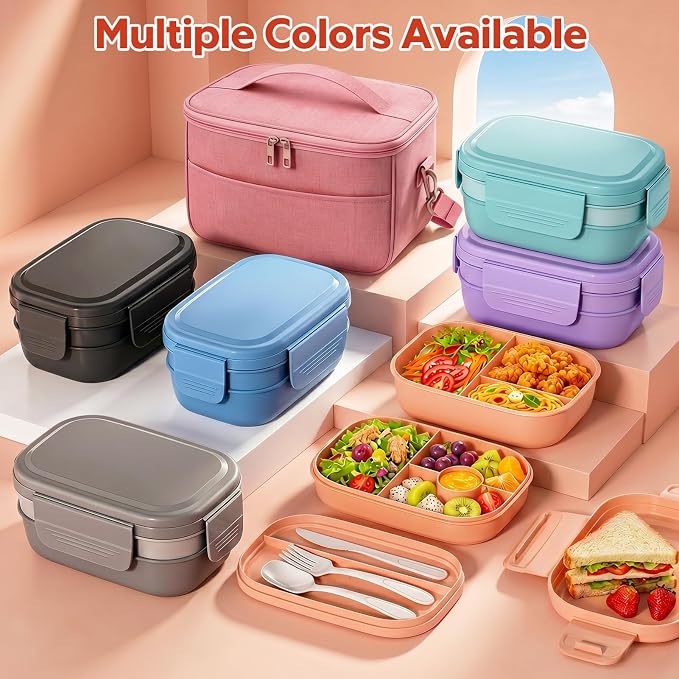 HOMETALL Bento Box Adult with Insulated Lunch Bag - 3 Stackable Leak-Proof Lunch Box Containers for Women & Men - BPA Free Lunchbox with Utensil Set (Spoon, Knife, Fork) for Work, Picnic, Dining Out
