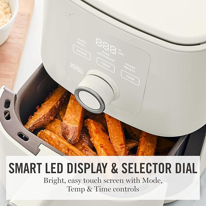 Martha Stewart 6-Quart Air Fryer, 6 Presets, Space Saving, Linen Cream | 3lb Capacity, PFAS-Free Ceramic Nonstick Basket & Tray, Bake, Roast, Broil, Dehydrate, Reheat, Shake Reminder, Heat up to 400