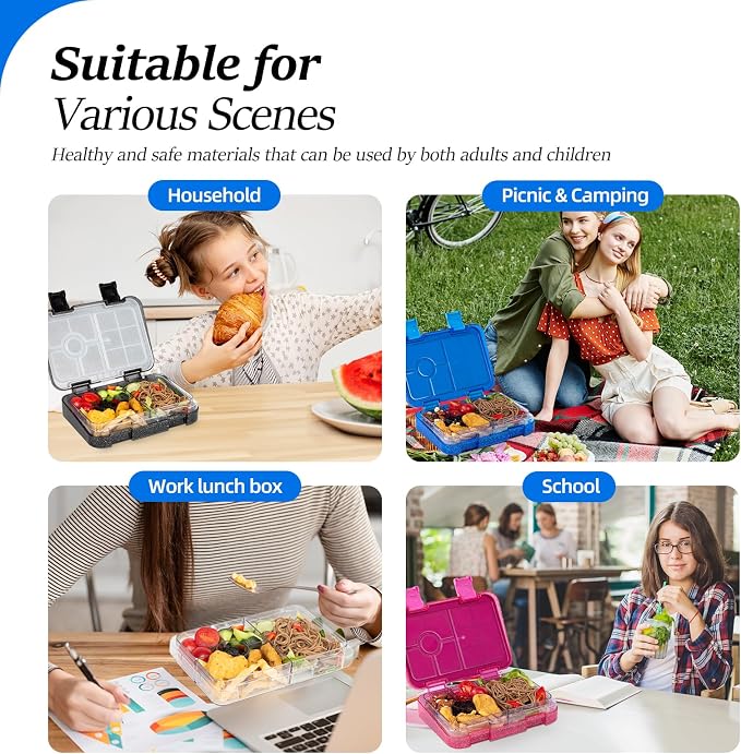 Bento Lunch Box for Kids, 5/6 Compartments, Shiny Blue and Clear | Dishwasher Safe Back to School Snack Bento Lunch Containers Boxes, Ideal Portion Sizes for On-the-Go Meal, Ages 3+, School