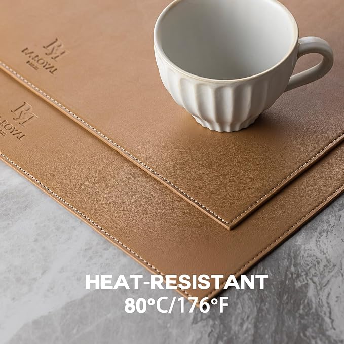 Baroyal Faux Leather Placemats Set of 6 Vinyl Washable Wipeable Table Mats for Kitchen Dining Table Heat Resistant Waterproof Indoor/Outdoor Placemats Non-Slip Easy Clean Place Mats (British Khaki)