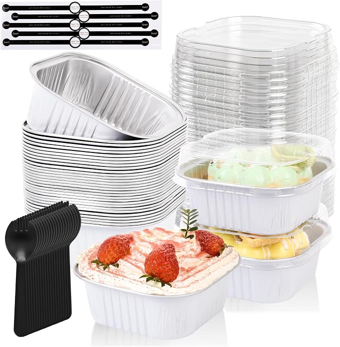100 Pcs Mini Cake Pans with Lids, 5oz Square Aluminum Foil Brownie Baking Cups, Dessert Cupcake Cups with lids, Disposable Loaf Pans Cupcake for Wedding Birthday Party (White)