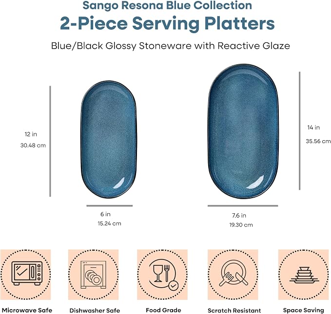 SANGO Resona Blue Serving Platters Set of 2, 14/12 Inch Stoneware Serving Dishes for Entertaining, Glossy Party Serving Trays with Reactive Glaze, Buffet Oval Platters for Bread, Appetizer, Cheese