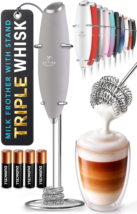 Zulay Kitchen Powerful Milk Frother Wand With Duracell Batteries - Ultra Fast Handheld Drink Mixer - Electric Whisk Foam Maker for Coffee, Lattes, Cappuccino & Matcha - Triple Whisk - Pewter Gray