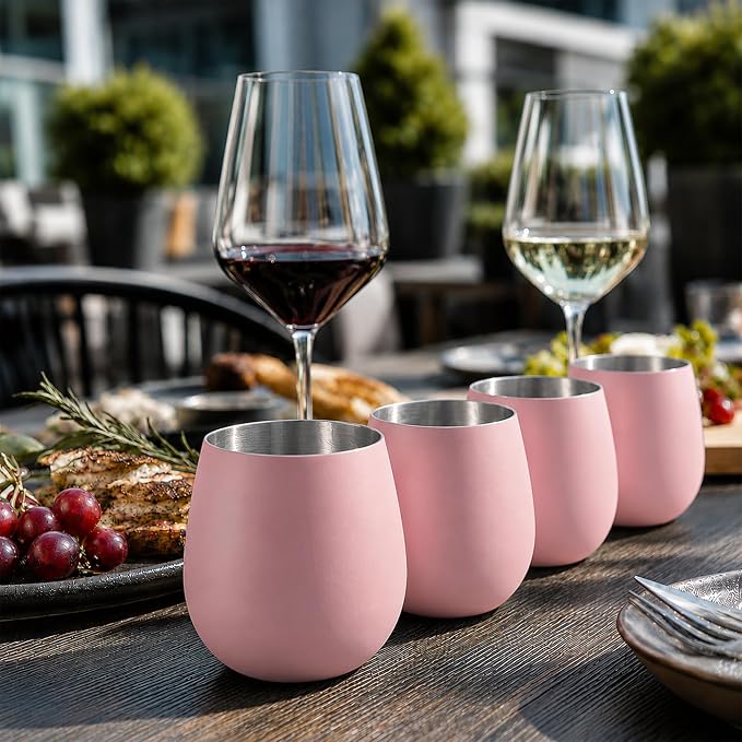 K&K Home Stainless Steel Unbreakable Stemless Wine Glasses - 15 oz - Set of 4 Colored, Stemless Metal Wine Glasses Perfect for Outdoors, Weddings, and Parties (Pink)
