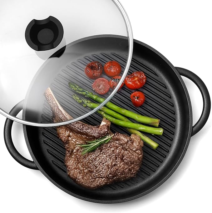 Moss & Stone 12" Grill Pan for Indoor Cooking, Nonstick Pan with Glass Lid | Aluminum Griddle Pan for Stove Top & Induction, Glass Lid, Silicone Handles, Dishwasher & Oven Safe, PFOA Free
