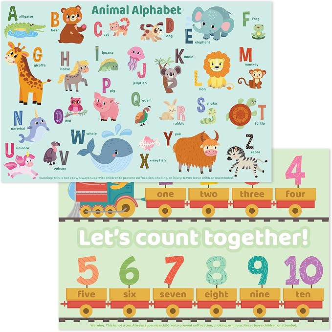 Bright Seed Disposable Placemats for Baby & Toddlers, Learning Mat- Animal1 | 40 Disposable Placemats, ABC, Numbers & Animal Learning, Perfect for Restaurants & Travel, Helps Keep Tables Clean