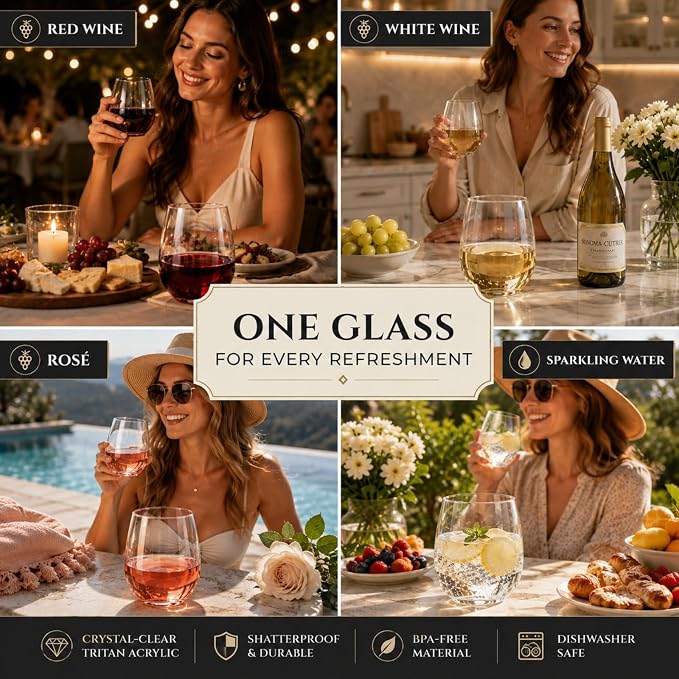 Khen Unbreakable Stemless Acrylic Plastic Drinkware Glasses, Shatterproof 100% Tritan Glasses | 4 Set | 15oz Wine Glassware, Dishwasher-Safe, BPA-free - Indoor & Outdoor, Clear Color