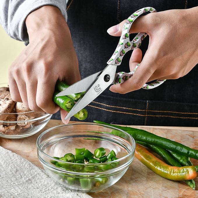Kitchen Scissors Heavy Duty Kitchen Shears with Magnetic Holder Made with Japanese Steel 4034, Multipurpose Ultra Sharp Cooking Scissors for Meat/Vegetables/BBQ/Herbs/Pizza (Graphic,Chili)