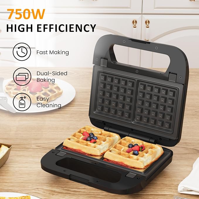 3 in 1 Electric Sandwich Maker with Removable Nonstick Plates - 750W,Black | for Belgian Waffle/Panini/Grill/Pancake Griddle/Breakfast,Dishwasher Safe,Cool Touch Handle,Easy to Clean & Store