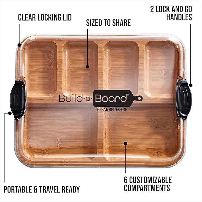 Farberware Bamboo Cutting Board with Clear Locking Lid, 11 x 14 Inch Build-A-Board Charcuterie Board with 6 Compartments for Food Prep, Snack Tray, and Entertaining