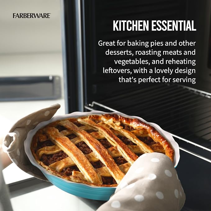 Farberware Bakers Advantage 10 Inch Ceramic Pie Dish - Two-Tone Teal and Ivory Stoneware Pie Pan with Scalloped Edge for Even Baking, Quiche, Casseroles