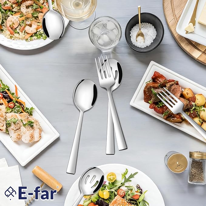 E-far Serving Utensils Set of 6, Stainless Steel Large Serveware Set | 2 Serving Spoons 2 Slotted Spoons 2 Forks for Buffet Parties Catering, Square Handle, Mirror Polished & Dishwasher Safe