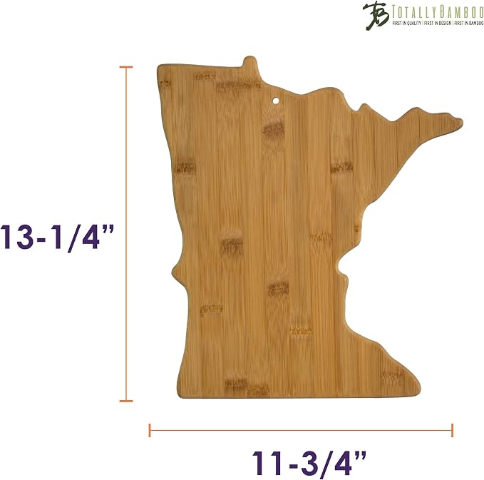Totally Bamboo Minnesota State Shaped Bamboo Serving and Cutting Board | State charcuterie board with natural bamboo grain. Knife-friendly surface for food prep. Hang tie for wall display.