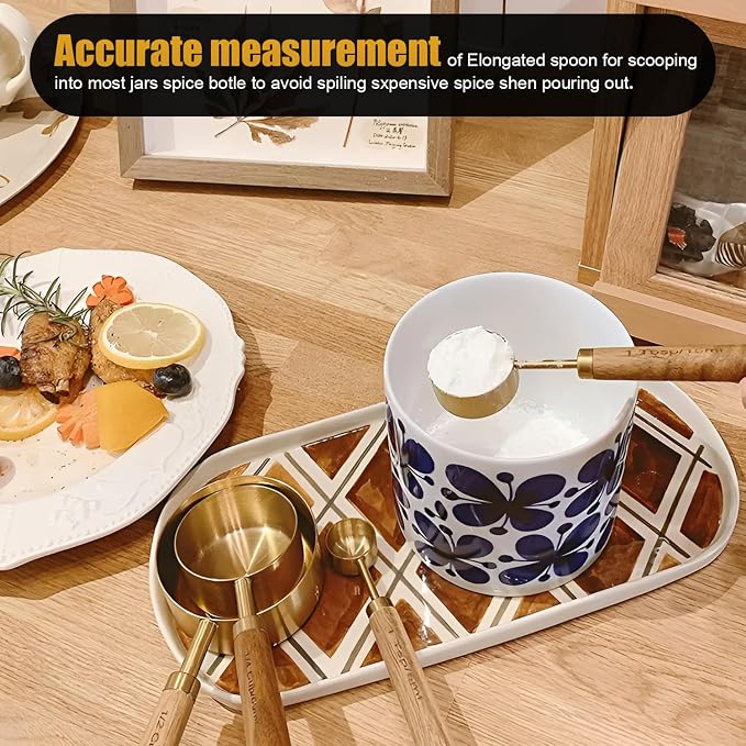 SHIKORI Gold Measuring Cups and Spoons Set with Wood Handles 8PCS | Premium Stainless Steel Measuring Spoons and Measuring Cups Set,Ideal for Dry & Liquid Ingredients(Gold)
