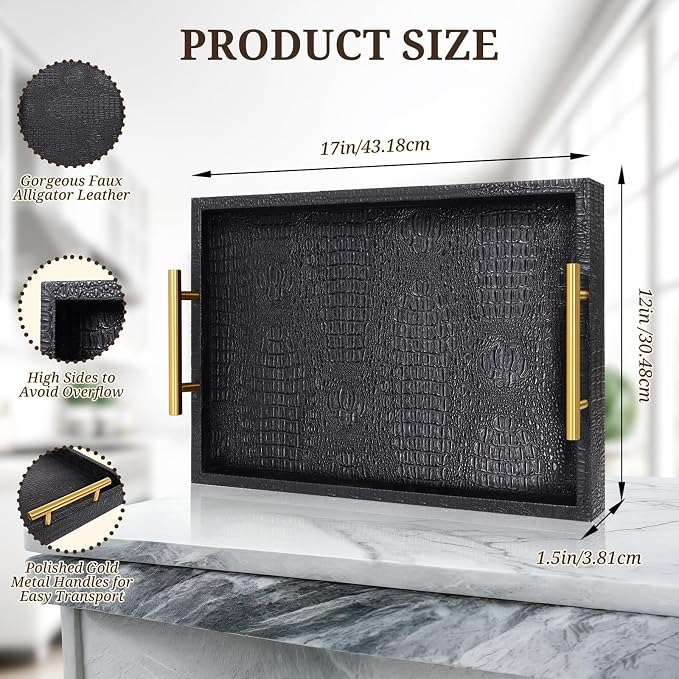 SXNOWS Faux Leather Serving Tray with Gold Handles, Black | 17x12 in Rectangle Decorative Tray, Perfect for Ottoman Coffee Table Kitchen Bar, Stylish Gift for Home Decor