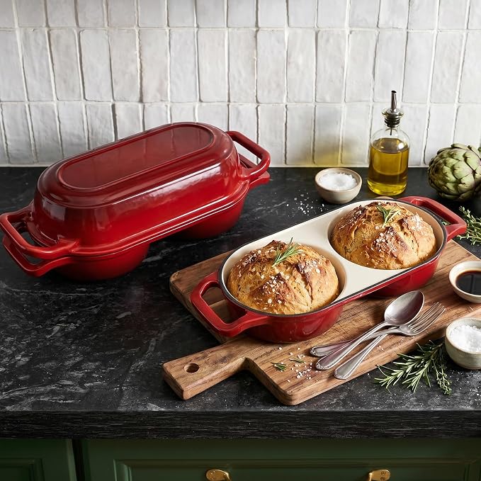 Double Dutch Oven Pot with Lid, 2.2QT Enameled Cast Iron Bread Loaf Pan, Mini Dutch Oven For Sourdough Bread Baking, 500°F Oven Safe Non Stick Dual Round Bread Pan, Bread Oven, 16.5cm Diameter, Red
