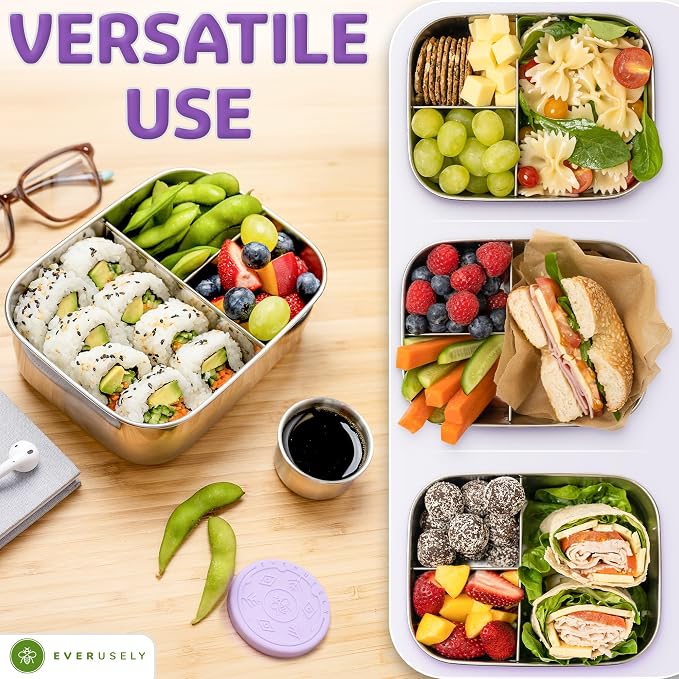 Stainless Steel Bento Box + Condiment Container - Lavender, 27oz / 0.8 L | Everusely metal lunch box, leakproof sauce container, 3 compartment snack organizer for travel, freezer & dishwasher safe