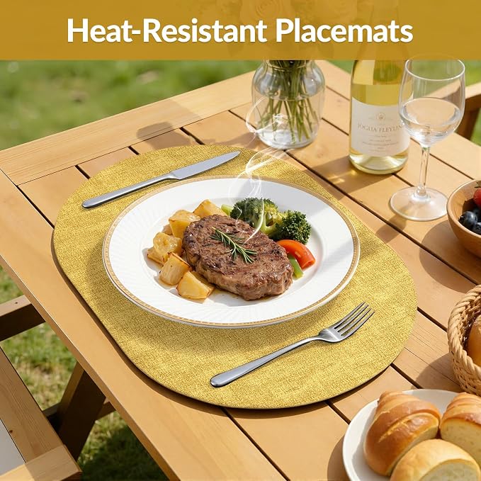 Placemats Set of 4, 11.8 x 17 Inch, Yellow | Heat Resistant Oval Faux Leather Place Mats, Waterproof Wipeable Reversible PU Placemat, Indoor & Outdoor